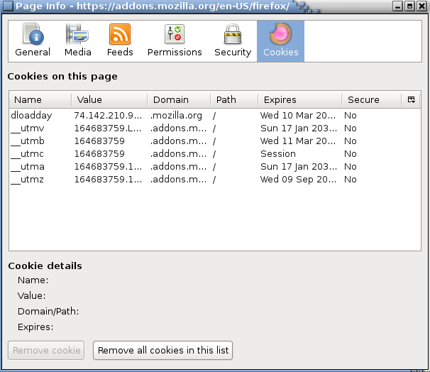 Screenshot of View Cookies Firefox Add-on