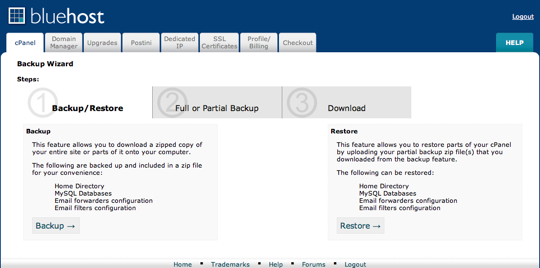 Bluehost Backup and Restore Wizard