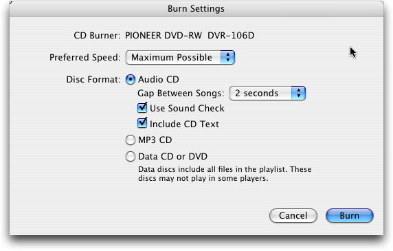 itunes burn cd settings