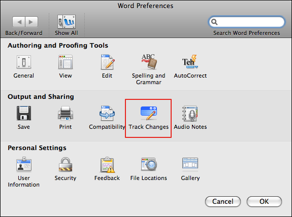 microsoft word preferences window