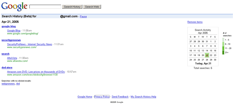 My Search History Screen Shot
