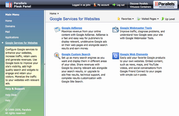 Google Services for Websites on Parallels Plesk Panel