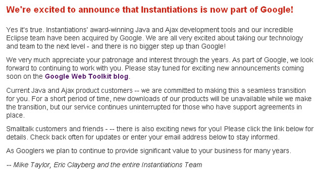 Google acquiring Instantiations