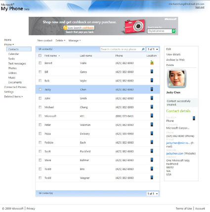 Microsoft MyPhone Contact Page