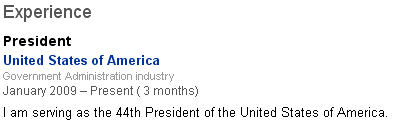 Obama's Linkedin Profile