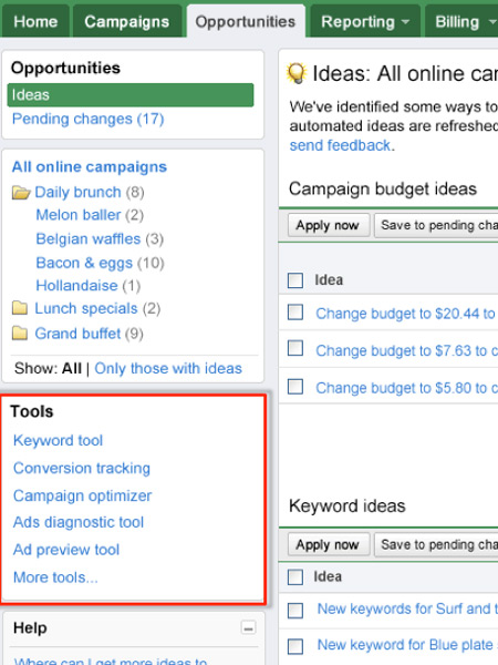 Opportunities tab in AdWords