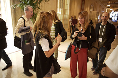 Renee Blodget holds court in the hallway
