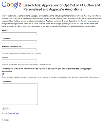 Opt Out form for +1 Button on AdWords