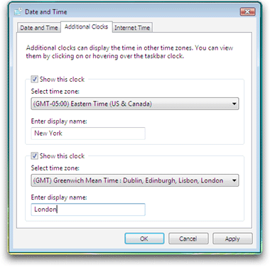 Microsoft Windows Vista: Control Panels: Date and Time Settings: Additional Clocks: Set