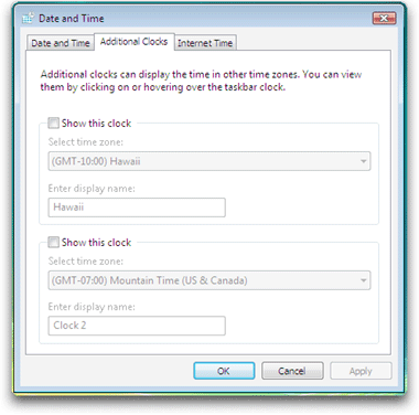 Microsoft Windows Vista: Control Panels: Date and Time Settings: Additional Clocks