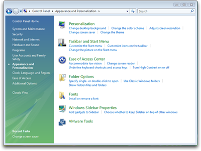 windows vista control panel appearance personalization