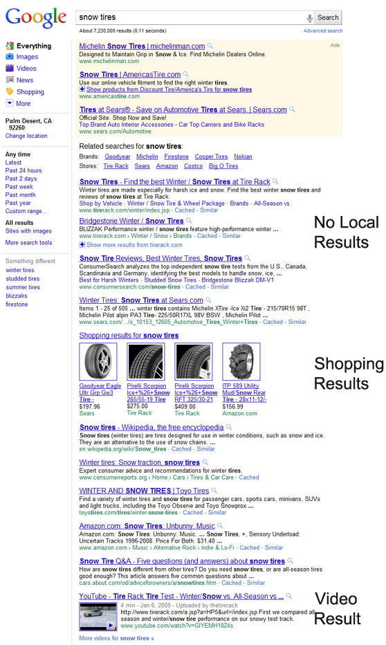Local search results don't appear to kick in on more specific queries.